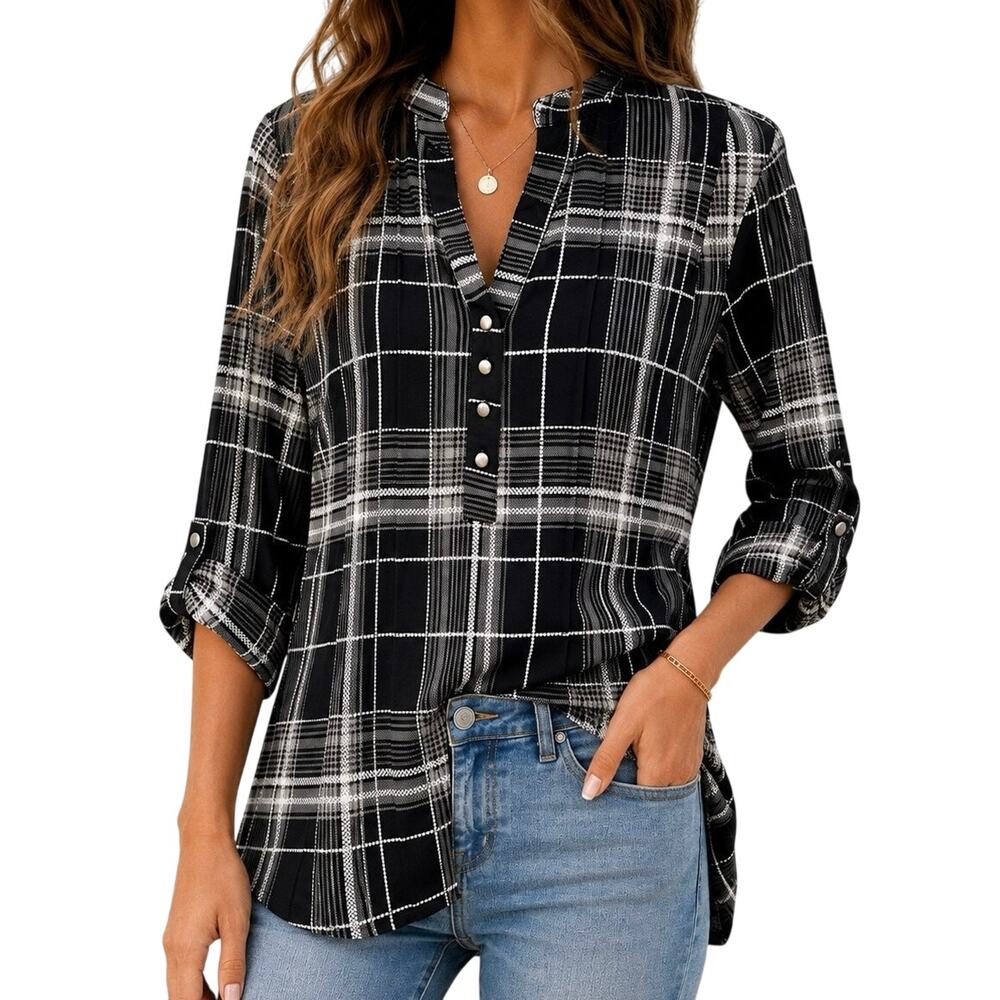Cocomo Woman Sz 1X Stretchy Black Gray Plaid Blouse Shirt Top Fall Winter Artsy